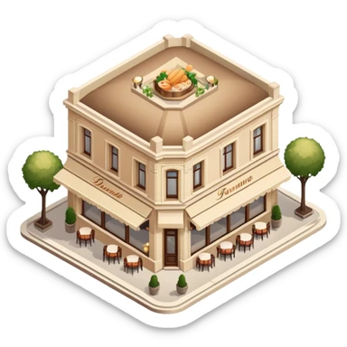 beige parisian romantic restaurant, isometric exterior view sticker
