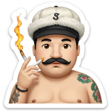 a fat father with white fur, black hair, a hip hop cap, a tattoo with a cigarette in his mouth, and a mustache. sticker