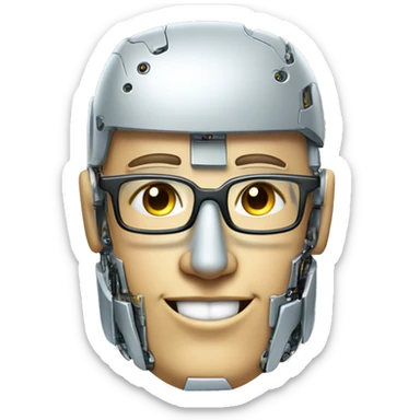 Robotic Cyborg head with fair skin, flat top haircut, rectangular glasses, circuits and smiling  sticker