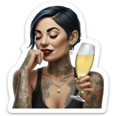 Hyper Realistic Beautiful tattooed woman crying drinking champagne  sticker