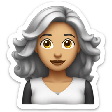 Mujer blanca de cabello negro rulo hasta los hombros trabajando frente al computador  sticker