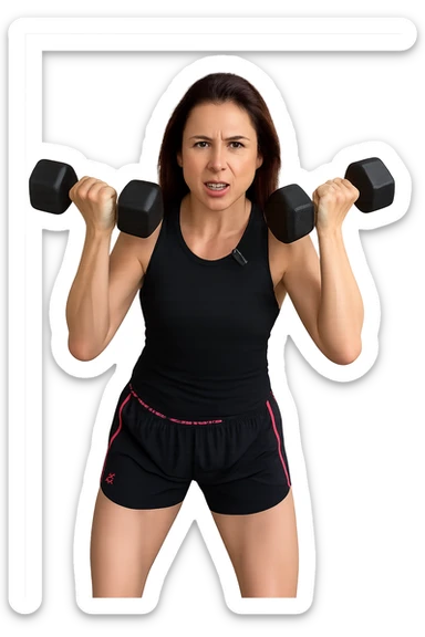 Allenamento ad alta intensità donna mentre fa pesi con in mnao due manubri sticker