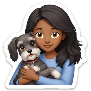 A black long-haired girl happily hugs a Schnauzer sticker