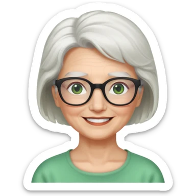 White hair grandma, green eyes, hair to shoulder, lokeg black glasses, rectangles face, smile , sticker