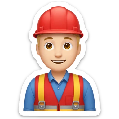 cheerful emoji character with a round head, minimal face, gentle smile, dressed in a red vest, hardware store worker vibe, flat vector emoji style, no text, no logos, front view sticker