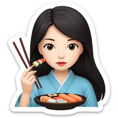 czarnowłosa ksieżniczka w dlugich wlosach je sushi sticker