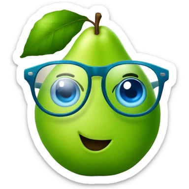a big green pear with blue eyes and a pair of round glasses sticker