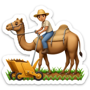 man plowing a field with a plow and a camel, emoji style sticker