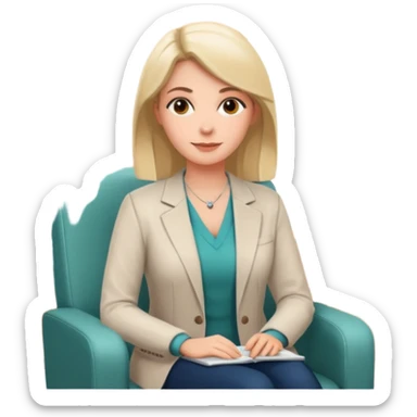 A professional female psychologist, friendly expression, sitting in a therapy office, modern and warm environment, neutral colors, realistic style, white background sticker
