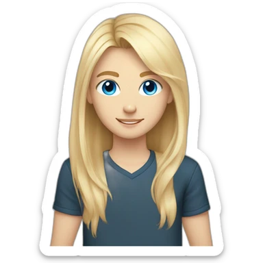 young male with blonde hair, black shirt and blue eyes with his girlfriend with bright long blonde hair, beige shirt and blue eyes. In the middle is a cute cat sticker