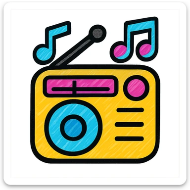 vibrant modern emoji representing musique and radio theme, suitable for Discord bot server interface sticker
