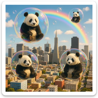 Cinematic still pandas bears sitting inside bubbles flying around San Francisco downtown, sunny summer day, happy vibe, colorfull surround, rainbow sticker