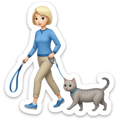 blonde short-haired woman walking a gray cat on a blue leash sticker