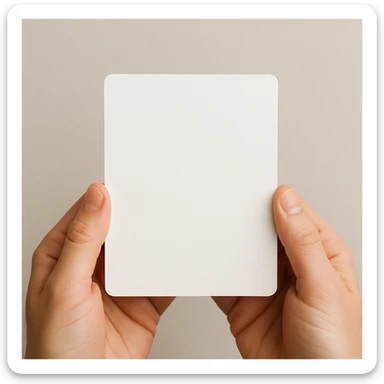 hands gently holding a card, thumbs on the front and fingers behind, clear view of the card, neutral background sticker