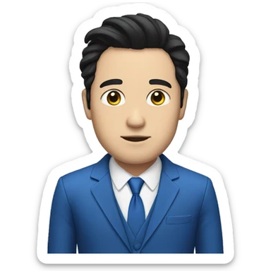 man wear blue suit, black hair, white skin sticker