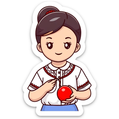 Ukrainian young girl in a white embroidered shirt holds a red ball of thread in her hand sticker