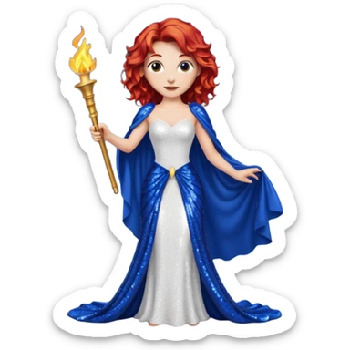 Torch Lady from Film Studios with red wavy hair, white sequin gown, royal blue sequin drape, holding torch sticker