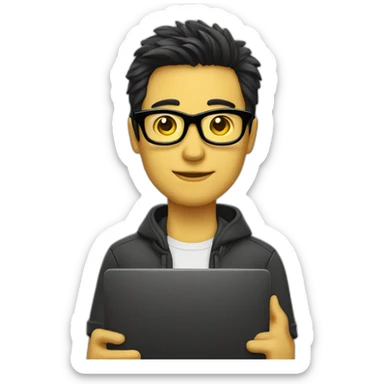 Man with yellow tinted glasses and black hair holding computer  sticker