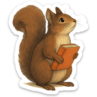 A cute brown squirrel with an orange book, studying at Siberian Federal University, looking up, full body, detailed fur, intelligent and beautiful sticker