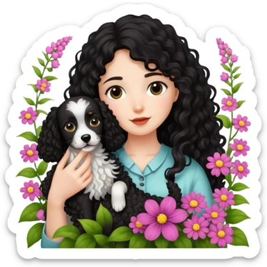 A long-haired girl holding a black curly-haired Tactic dog in the flowers sticker