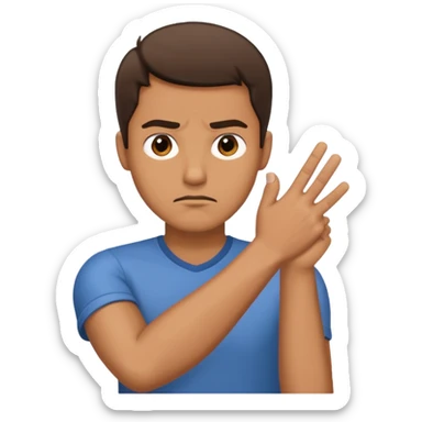 The man extends his arm forward, indicating that he refuses, as he say no sticker