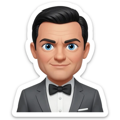 James Bond from James Bond Series with blue eyes, black hair, charcoal grey suit with bow tie sticker