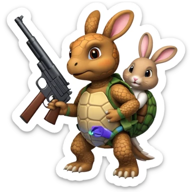 Turtle with a rabbit on its back that has a gun sticker