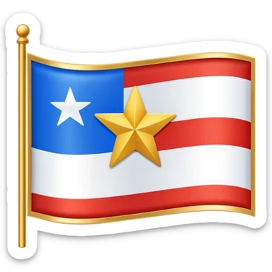 Flag with horizontal blue stripe, then horizontal white stripe, then horizontal red stripe. Red star in the middle outlined in gold  sticker