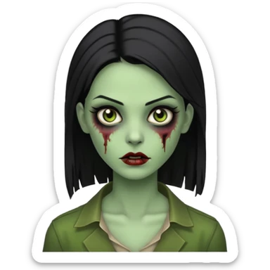 Faça uma zombie mulher bonita verde com olhos castanhos cabelos pretos partido ao meio liso, com estilo  sticker
