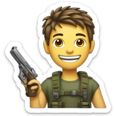 Grinning boy with a gun sticker