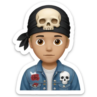 Make a boy wearing black bandana with some design on bandana sticker