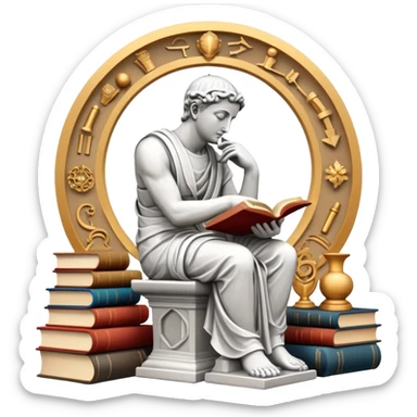 An icon featuring a thinker statue, a scroll, symbolizing philosophy. The design includes books and abstract symbols representing deep thought and wisdom. Transparent background highlights the study of ideas, logic, and existential questions sticker