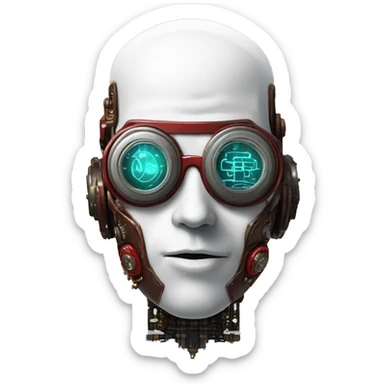 Bald cyborg head with red steampunk goggles, white five o’clock shadow, and circuits sticker