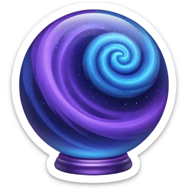 A glass sphere filled with swirling purple and blue dust, glowing softly, 3D. Use muted, calm purples and blues instead of bright neon tones, to create a harmonious and elegant look. sticker