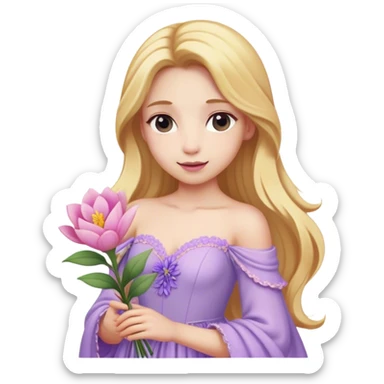 Cinematic Realistic Rapunzel Portrait, with porcelain-like skin featuring a subtle, natural glow, illuminated by soft lighting that brings out the gentle contours of her face. Her long, golden blonde hair cascades in detailed waves, each strand highlighted with a radiant shimmer as it catches the light. She playfully holds a flower in one hand, her other hand resting casually in her lap, with a warm and spirited expression. Her bright, expressive green eyes exude curiosity and warmth, framed by delicate lashes and soft, arched brows. She is dressed in her classic lavender and pink gown, the fabric textured with delicate folds that flow naturally, catching the light with a soft, radiant glow. The portrait captures a luminous, enchanting aura, seamlessly blending realism with a whimsical, fairytale charm, evoking a timeless sense of beauty and magic. sticker