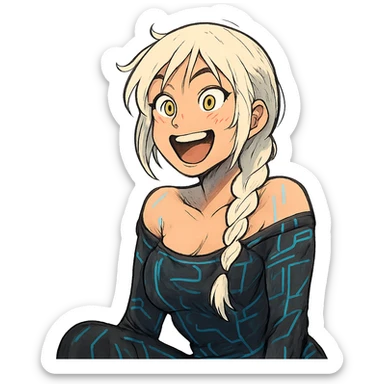 she making a emphatically happy excited facial expression, a closeup portrait of young woman with gold yellow eyes, white hair, long braid, black off-shoulder top d-cup, punk gothic style, futuristic cyberwave cyberpunk, sitting position sticker