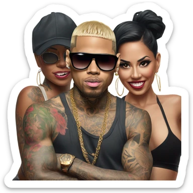 Hyper Realistic Chris Brown  wearing sunglasses with 2 female tattooed dancers sticker