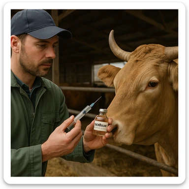 realistic image of a veterinarian or farmer administering a vial labeled 'Trenbolone' to a cow or bovine in a barn, detailed realistic animals and environment, readable label on the vial with the name 'Trenbolone' sticker