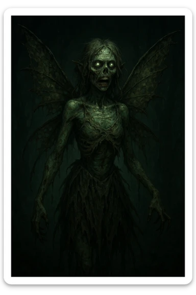 zombie fairy with decayed wings, greenish skin, tattered dress, eerie glow sticker