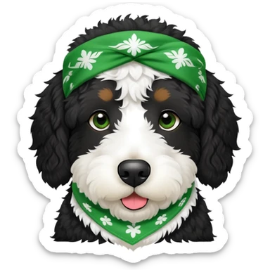 Black bernadoodle with white around mouth and big white eyebrows wearing green bandanna  sticker