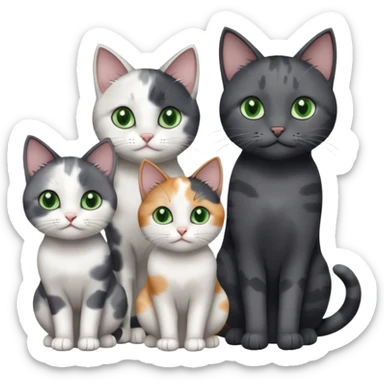 3 different coloured small cats including a dark grey and white, and a patchy calico and a completely solid dark grey with green eyes and only white paws sticker