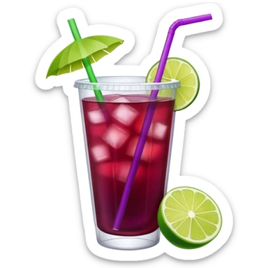 maroon purple cocktail with a lime wedge in the drink in a plastic cup with lid and straw - no lime on edge

 sticker
