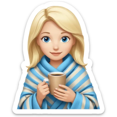Blonde with blue eyes wrapped up in a cozy blanket with a hot coffee sticker