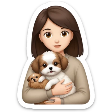Brunette girl with a shitzu dog in arms  sticker