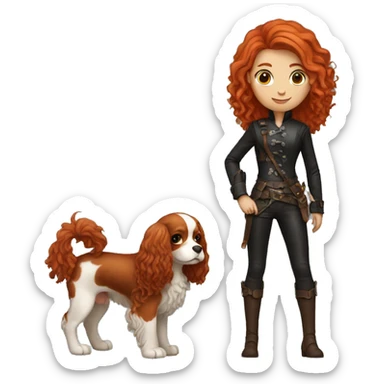red-haired girl in leather holding a Cavalier sticker