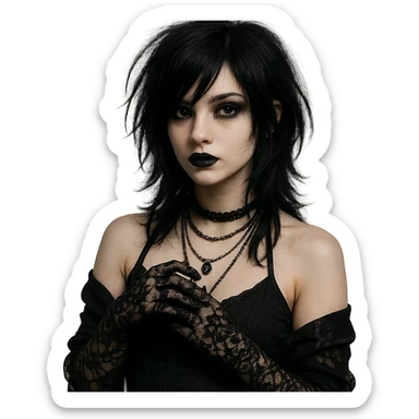 emo girl with lace gloves, layered necklaces, dark lipstick, mysterious and elegant sticker