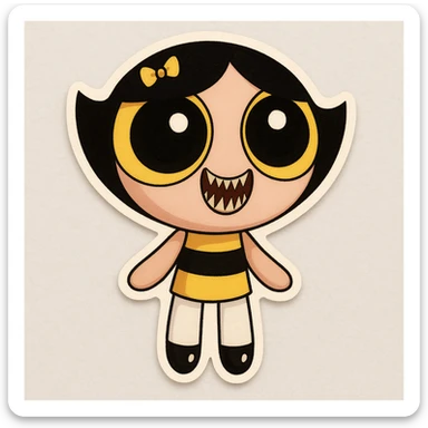 Add a wide, crazed smile with sharp teeth to the character, maintaining the original cartoon style and quality. sticker