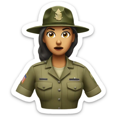 a female drill sergeant showing full torso wearing a classic sergeant hat and a camouflage army shirt. The character should have an angry intense expression.  sticker