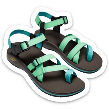 Chaco sandal with toe loop, black footbed, light blue and light green straps sticker