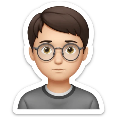 BRUNETTE teen boy with medium short middle parted hair, GREY eyes, round Glasses looking judging to the Side sticker
